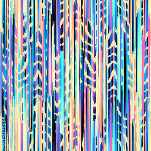 Washed blurry wavy ikat seamless vector pattern. Aquarelle effect boho fashion fabric for coastal nautical stripe wallpaper background. Stripe with blurry gradient tileable swatch.