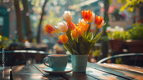 A cozy image of a coffee cup in a garden cafe, with a bouquet of tulips on the table and a warm spring breeze #742627013