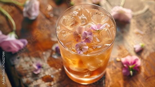 an iced coffee with floral ice cubes, adding a touch of elegance to the drink