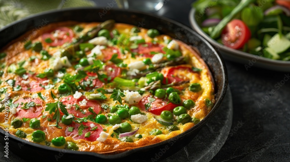 a spring vegetable frittata, filled with asparagus, peas, and feta cheese, served with a side salad a spring vegetable frittata, filled with asparagus, peas, and feta cheese, served with a side salad