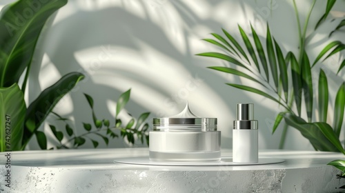 Cosmetic cream for hydration displayed on a white platform with a plant