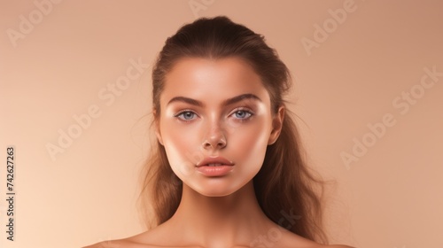 Wallpaper Mural Close-up Portrait of a beautiful woman with perfect fresh clean facial skin on a beige background with copy space. Makeup, Cosmetics, youth, skin care, Spa concepts. Torontodigital.ca