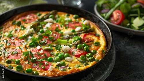 a spring vegetable frittata, filled with asparagus, peas, and feta cheese, served with a side salad