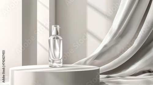 Realistic and transparent illustration of a cosmetic spray bottle ad scene