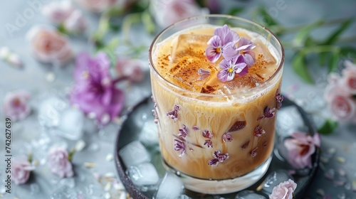 an iced coffee with floral ice cubes, adding a touch of elegance to the drink