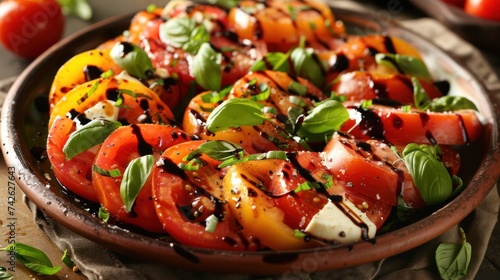 a tomato basil mozzarella salad, showcasing ripe tomatoes, creamy mozzarella,...