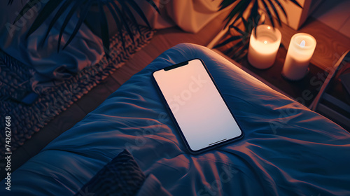 Isolated smartphone device on the bed in the bedroom at night with blank empty white screen at home, communication technology concept