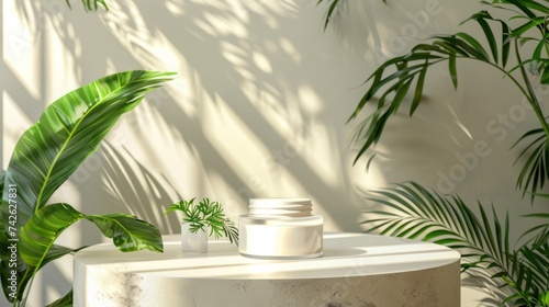 Cosmetic cream for hydration displayed on a white platform with a plant
