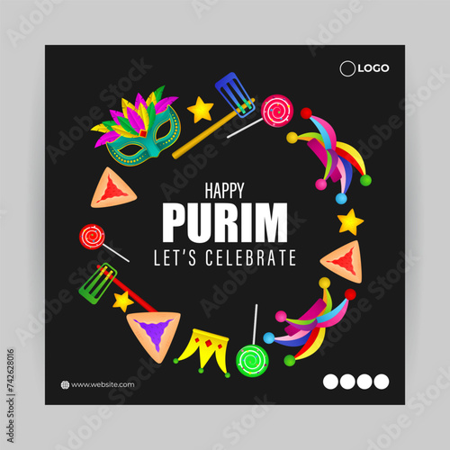 Vector illustration of Happy Purim social media feed template