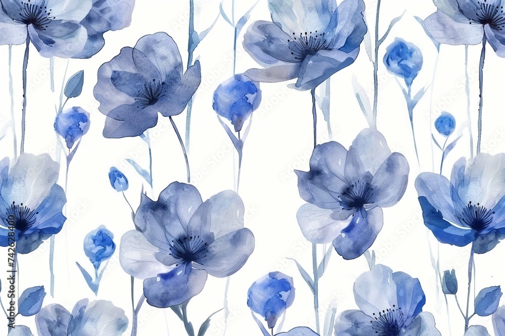 Seamless wallpaper with Summer blue flowers, watercolor illustration