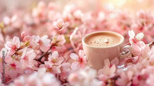a coffee cup surrounded by blooming cherry blossoms, capturing the essence of...