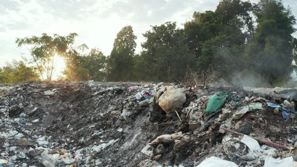 Garbage, fire burning and smoke in landfill. Also called trash, waste ...