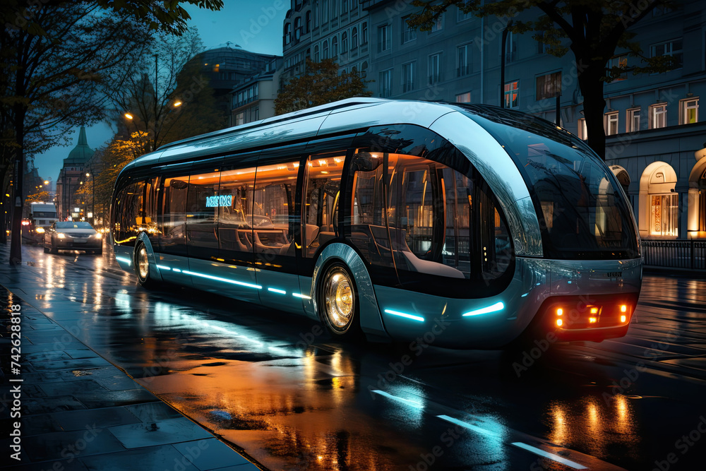 Futuristic bus is stationary on side of a road, pulled over for unknown reasons. Surrounding area is typical roadside scene with trees and clear sky