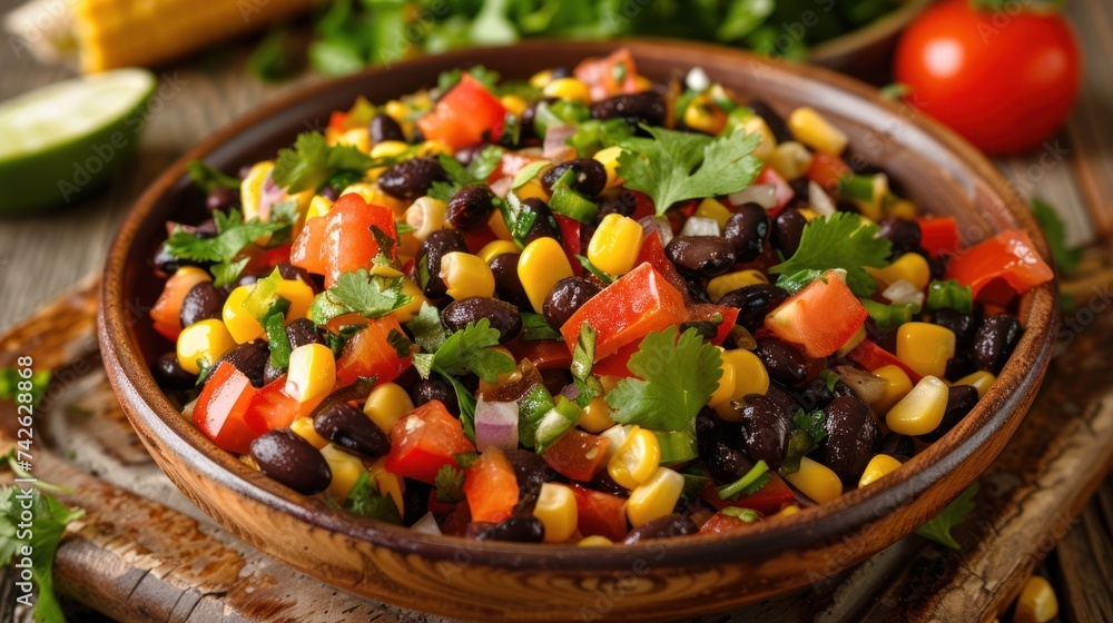 a corn and black bean salad, with sweet corn kernels, black beans, diced bell peppers, and cilantro,