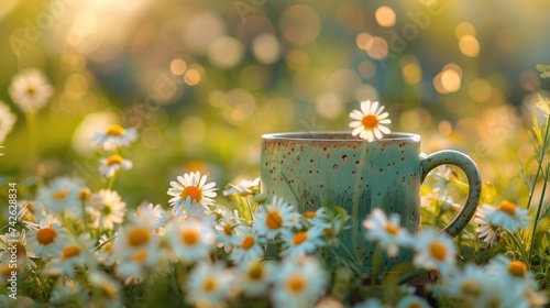 a coffee cup surrounded by daisies, showcasing the beauty of spring flowers