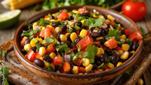 a corn and black bean salad, with sweet corn kernels, black beans, diced bell peppers, and cilantro, photo