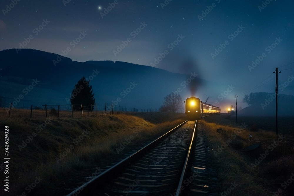 Train on railway track at night