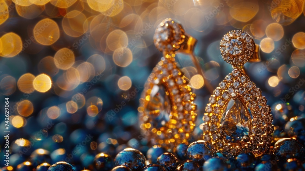 A captivating close-up of a pair of elegant earrings, sparkling in the light, adding a touch of glamour to any look