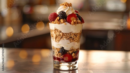 a spring fruit parfait, with layers of yogurt, granola, and fresh berries, served in a glass