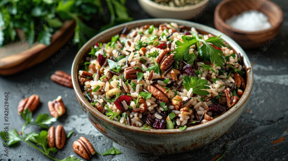 a wild rice salad, with nutty wild rice, sweet dried cranberries, crunchy pecans, and fresh herbs a wild rice salad, with nutty wild rice, sweet dried cranberries, crunchy pecans, and fresh herbs