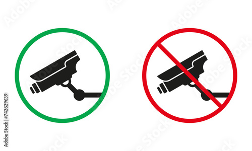 Surveillance Warning Signs. Security Silhouette Icons Set. Notice CCTV In Use. Security Camera Allowed, Alert Private Property Symbols. Isolated Vector Illustration
