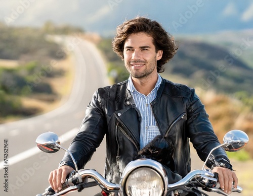 handsome man rider sit on motorbike in black jacket aside road in concept happiness lifestyle © OceanProd