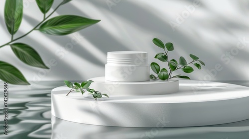 Cosmetic cream for hydration displayed on a white platform with a plant