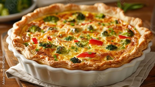 a spring vegetable quiche, with a flaky crust and a filling of broccoli, bell peppers, and cheddar cheese