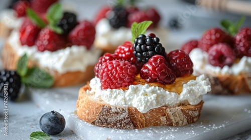 A charming image of a breakfast bruschetta, with toasted bread topped with ricotta cheese, honey, and fresh berries photo