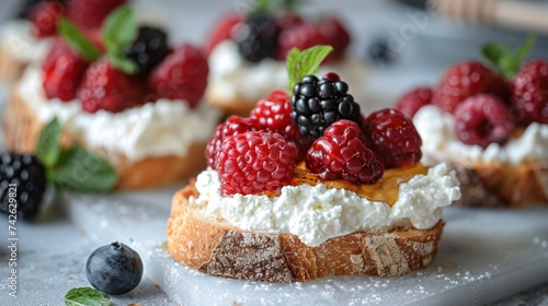 A charming image of a breakfast bruschetta, with toasted bread topped with ri...