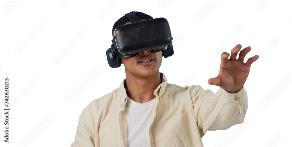 Man, student and VR or futuristic glasses for png, Software and user experience isolated transparent background. Person with virtual reality vision, education and metaverse technology or games Man, student and VR or futuristic glasses for png, Software and user experience isolated transparent background. Person with virtual reality vision, education and metaverse technology or games