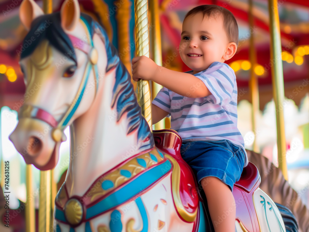 Joyful toddler enjoying a merry-go-round ride on a carousel horse at an amusement park. Joyful toddler enjoying a merry-go-round ride on a carousel horse at an amusement park.