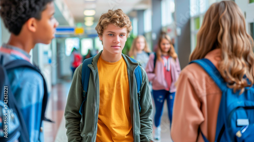 Teenage boy looking uneasy while being talked to by schoolmates in a high school corridor.
