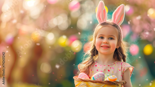 Happy child in bunny ears holding an Easter basket with eggs during a springtime egg hunt.