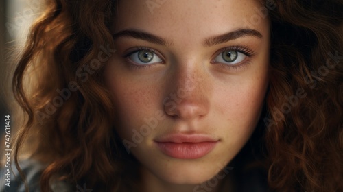 Close-up of a beautiful attractive young woman with natural beauty, freckles, curly hair looking at the camera. Spa, Cosmetics, Care, Youth concepts.