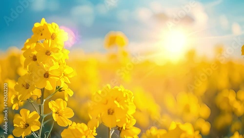 Yellow bright rapeseed field in blue sky. Rapeseed field, Blooming canola flowers close up. Rape on the field in summer. Bright Yellow rapeseed oil. Flowering rapeseed in the spring 4k video beauty photo