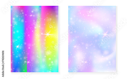 Unicorn background with kawaii magic gradient. Princess rainbow hologram. Holographic fairy set. Fluorescent fantasy cover. Unicorn background with sparkles and stars for cute girl party invitation.