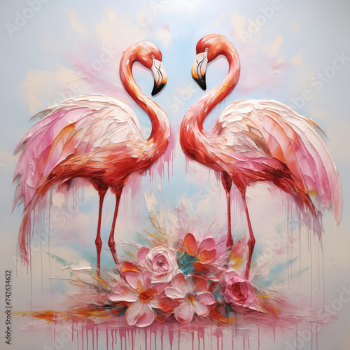 Gorgeous flamingos fluid art illustration © Viktoria