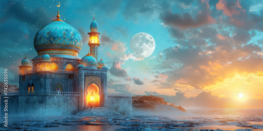 Fototapeta premium A 3D Eid greeting card design showcasing a mosque and crescent in a lanterns glow set against a captivating blue background with space for messages