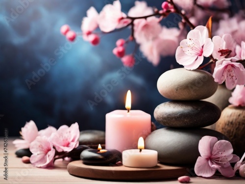 three candles and rocks and cherry blossom