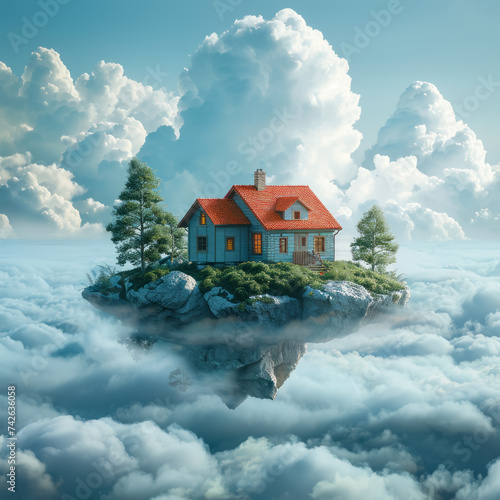 A home floating on a peaceful cloud secured by an invisible shield of insurance photo