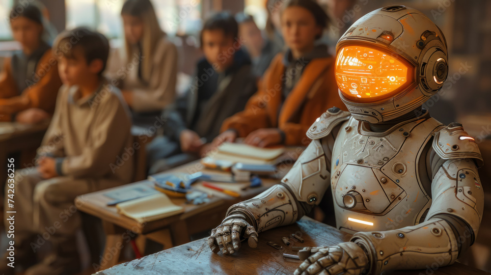 A scene set in a futuristic classroom where a boy presents his AI robot friend to his classmates demonstrating the robots ability to interact and learn