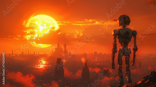 Amidst the desolation of a natural disaster a cyborg stands resilient the suns blaze reflecting off its metallic body