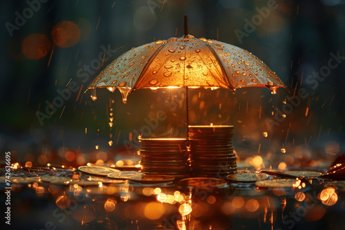 Wallpaper Mural Coins stacked under a glowing umbrella symbolizing financial safety and growth Torontodigital.ca