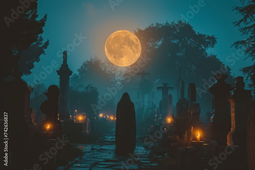 Haunted graveyard with spectral figures emerging under the full moon watch