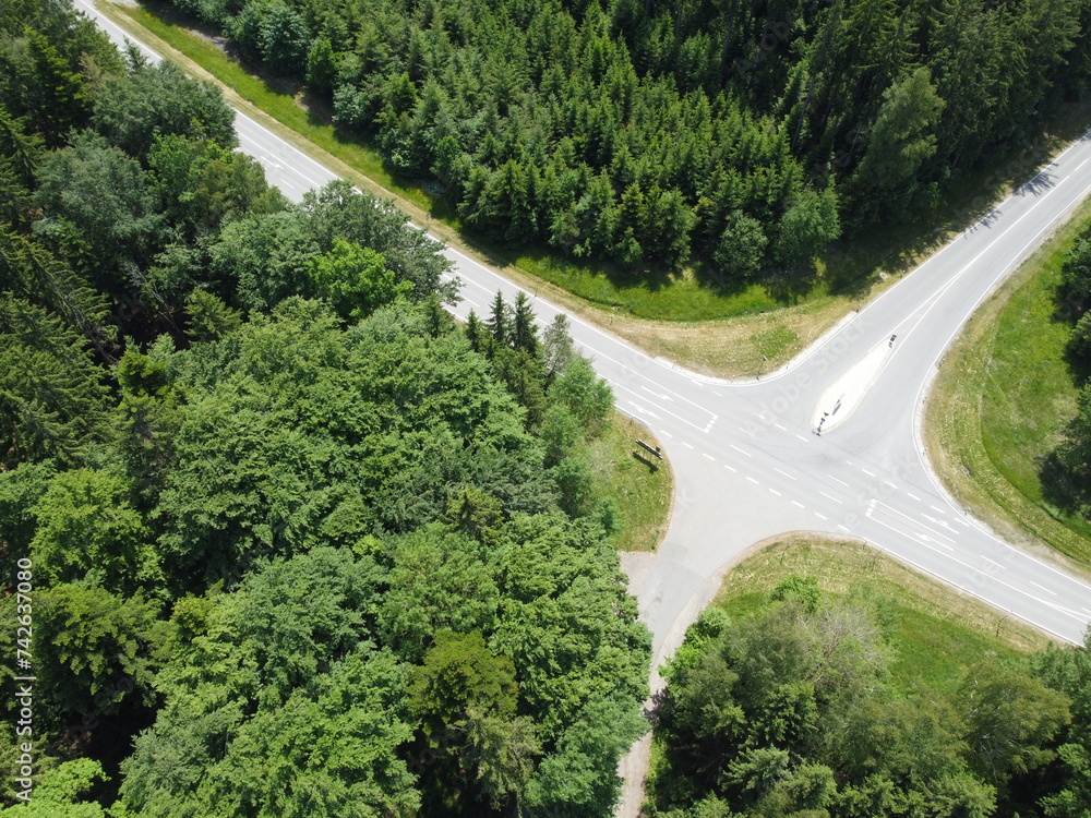 Bavarian forest with fields and meadows, aerial