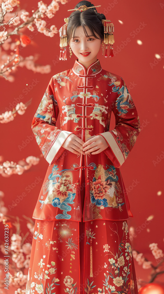 Red Beauty: A Stunning Chinese Lady Celebrating the Oriental Festival in Traditional Cheongsam Dress Red Beauty: A Stunning Chinese Lady Celebrating the Oriental Festival in Traditional Cheongsam Dress