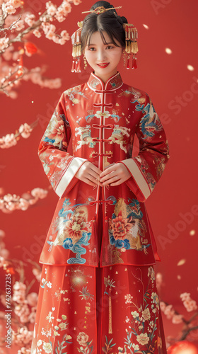 Red Beauty: A Stunning Chinese Lady Celebrating the Oriental Festival in Traditional Cheongsam Dress