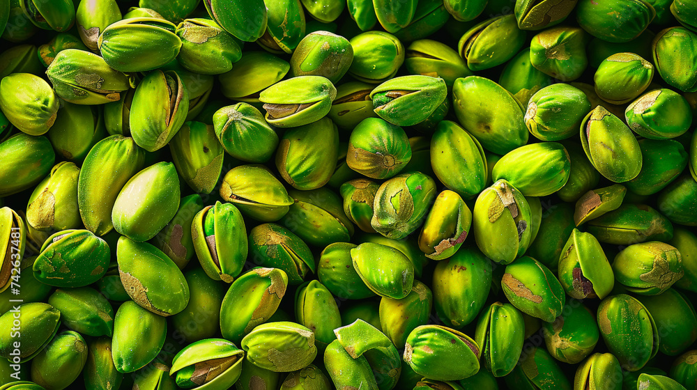 Top view on green fresh pistachios pattern. Nuts background. Generative AI Top view on green fresh pistachios pattern. Nuts background. Generative AI