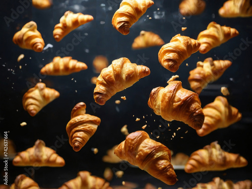 lot of croissants flying in air